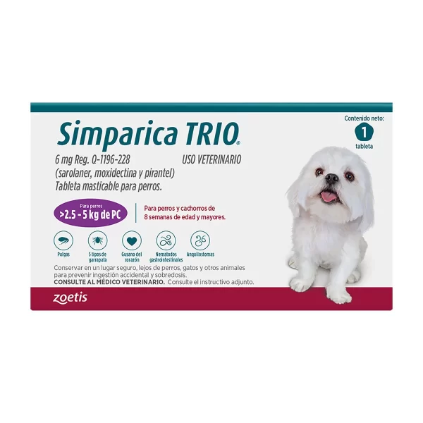 SIMPARICA TRIO TABLETA MASTICABLE PARA PERROS Y CACHORROS DE 8 SEMANAS DE EDAD Y MAYORES